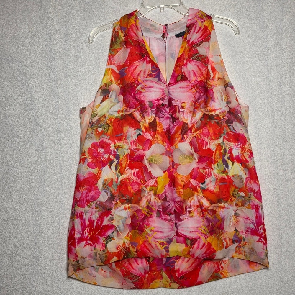 Vince Camuto Floral Sleeveless V-Neck Blouse Pink Orange Yellow Large
